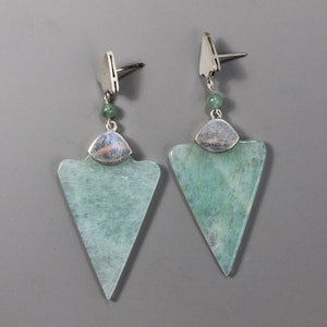 Aventurine Quartz Geometric Drop Silver Earrings with Beaded Hooks