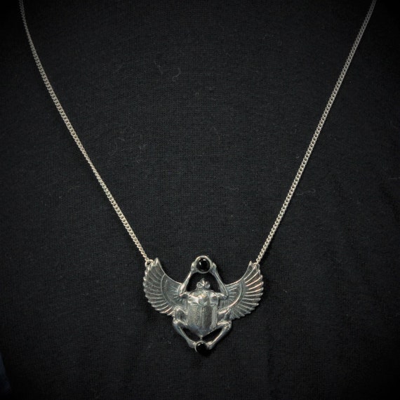 Petite Silver Scarab Pendant and Chain with Onyx … - image 3