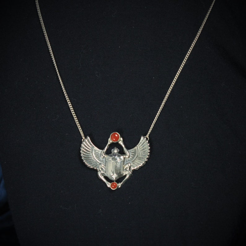 Petite Silver Scarab Pendant and Chain with Carnelian Accents