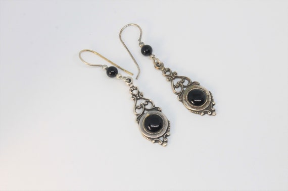 Onyx Open Scroll Silver Dangle Earrings with Bead… - image 2