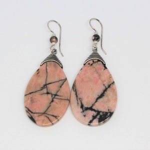 Rhodonite Rose Petal Drop Earrings Silver Ribbed Mount with Beaded Hooks