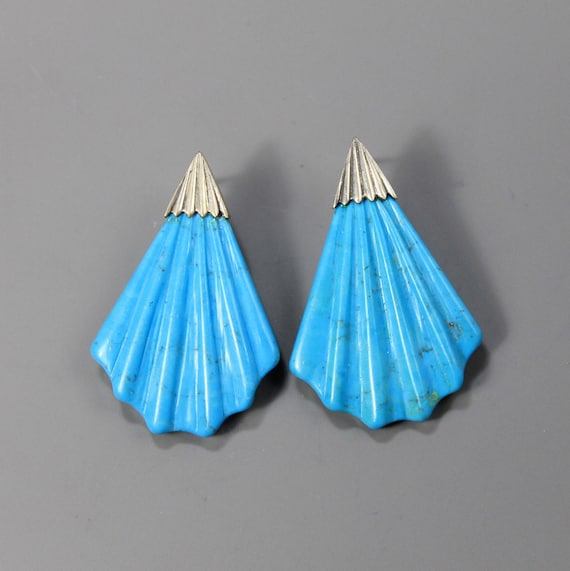 Turquoise Carved Bohemian Silver Earrings - image 1