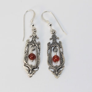 Carnelian Victorian Floral Dangle Silver Earrings