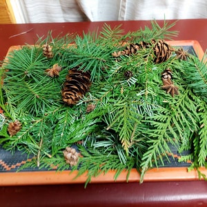 May include: A rectangular tray with a decorative border holds a collection of fresh evergreen boughs, pine cones, and star anise. The arrangement features various shades of green and brown, creating a natural, seasonal display.