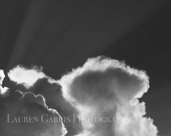Daybreak - Black and White Sky Photography, Cloud Photograph, Sun Breaking Through Clouds