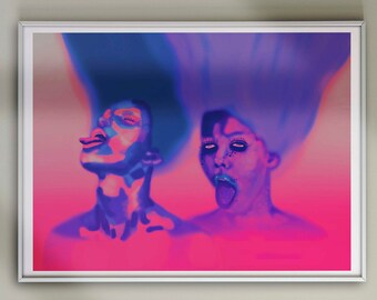 Moody Tongues Out Art Print | Unframed Pastel Goth Pop Surrealist Artwork, Cool Aesthetic Dark Fantasy Painting, Small Art Print for Dorm