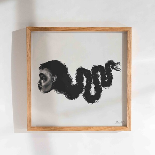 B&W Snake Print, Moody Girl Art Print | Minimalist Wall Art, Artwork in Black and White, Dark, Square, 8x8 Print, Surreal, Abstract Print