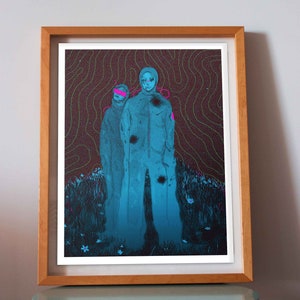 Sci-fi Astronauts in Space Alien Print | Blue Planet, Dark Fantasy, Surreal Artwork, Galactic Outer Space