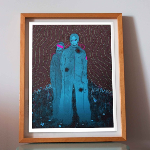 Sci-fi Astronauts in Space Alien Print | Blue Planet, Dark Fantasy, Surreal Artwork, Galactic Outer Space