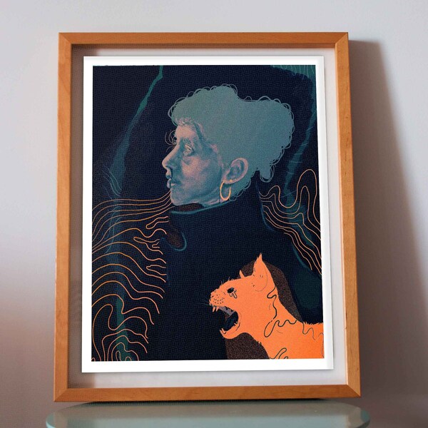 Dark Mysterious Cat Art Print, Woman and her Cat Artwork, Moody Unique Fantasy Wall Art Print