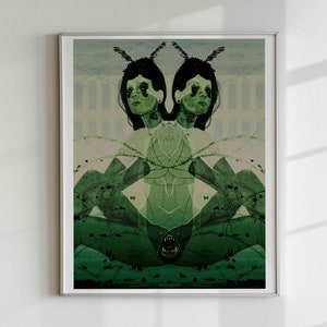 Dark IN WILD Art Print | Unframed Folky Gothic Forest Artwork, Surreal Witchy Goddess Woman, Spooky Cool Green Cottagecore Illustration