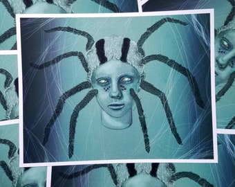 Lámina artística de mujer punk y araña / Decoración de pared con arácnido vanguardista, arte punk gótico único, arte oscuro sin marco