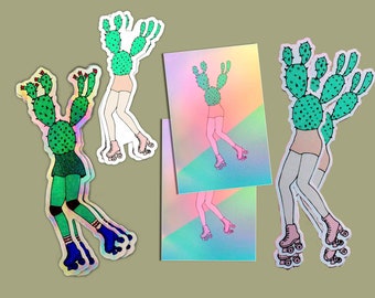 Cactus Roller Derby Sticker | Glossy Vinyl Sticker, Roller Skates, Holographic Plant Sticker, laptop stickers, Plant Stickers, skater gift