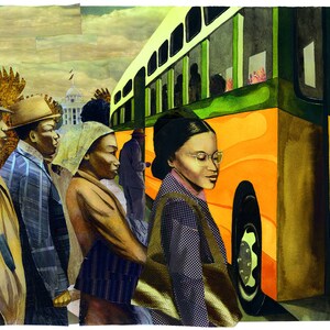 May include: A group of people of color stand in line waiting to board a yellow and green bus. The bus has a large window on the side and a round headlight. The people are wearing a variety of clothing, including a brown coat, a plaid shirt, a striped shirt, and a patterned jacket.