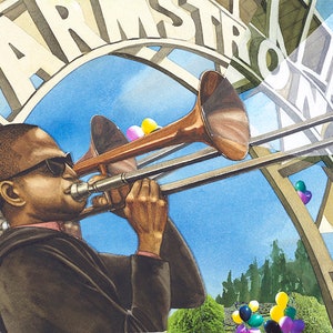 May include: Watercolor painting of two musicians playing trombones. The musicians are wearing sunglasses and dark suits. The word "ARMSTRONG" is visible above them. Colorful balloons and a blue sky are in the background.