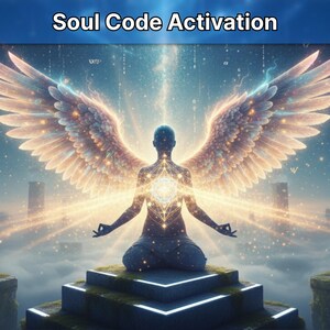 May include: Digital artwork showing a person meditating with luminous wings and an energy field. The image includes the text "Soul Code Activation". The background features a celestial scene with pillars and a cloudy atmosphere.