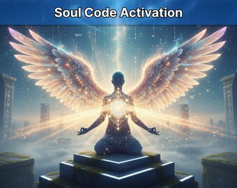Puede incluir: Ilustración digital de una persona meditando con alas brillantes y un campo de energía. Incluye el texto "Soul Code Activation". El fondo muestra una escena celestial con pilares y una atmósfera nublada.