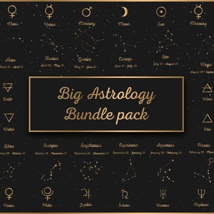 May include: A black background with gold stars and constellations representing the 12 zodiac signs. The signs are labeled with their names and dates. The text "Big Astrology Bundle Pack" is in a gold frame.