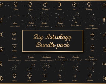 A big astrological binder. Gold and silver gradient. Zodiac constellation, nature element signs, planets, zodiac and moon phases