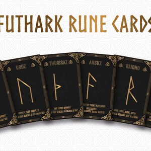 Baraja de cartas Futhark Rune para aprender diseño celta. Oro y negro. Oráculos y cartas de adivinación. Formato digital.