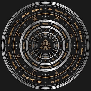 Rueda Wicca del Año. Rueda astrológica. Plata y oro. Arte mural e impreso. Ai eps svg pdf png.