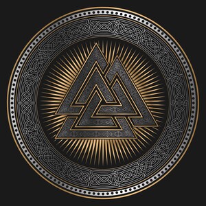 May include: A circular design in silver and gold with a Celtic knot border and a stylised triangular symbol in the centre. The symbol is made up of three interlocking triangles and is surrounded by a sunburst pattern.