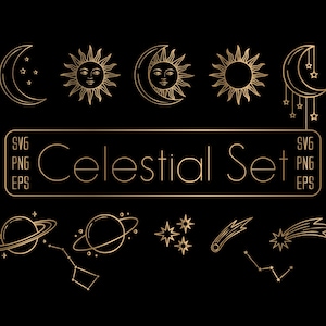 May include: Gold line art celestial set on a black background. The design includes crescent moons, suns with faces, planets, stars, constellations, and a shooting star. The text "Celestial Set" is in a gold font.
