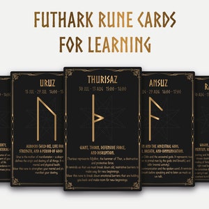 Cartões Futhark Rune para aprendizagem. Para iniciantes. Design de luxo dourado e preto. Ai eps svg pdf png.