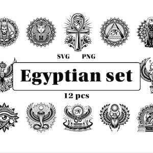 May include: A black and white illustration set featuring 12 Egyptian-themed designs. The designs include an Anubis, a pharaoh, an ankh, an eye of Horus, a cat, a phoenix, a cobra, a boat, a scarab beetle, and a sphinx. The text "Egyptian set" and "12 pcs" are also included.
