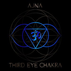 May include: A blue and gold geometric design with the word "AJNA" at the top and "THIRD EYE CHAKRA" at the bottom. The design features a triangle with the Sanskrit symbol "Om" inside.
