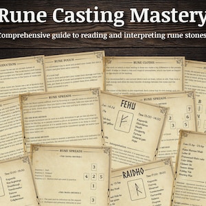 May include: A guide to rune casting mastery, featuring a comprehensive guide to reading and interpreting rune stones. The guide includes information on rune cloths, pouches, spreads, and the Futhark alphabet. The image features a variety of runes, including Fehu and Raidho, with their corresponding meanings and interpretations.