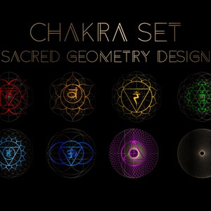Könnte beinhalten: Satz von sieben Chakrasymbolen in einem heiligen Geometriedesign. Jedes Symbol hat eine andere Farbe und ein einzigartiges geometrisches Muster. Die Symbole sind in einer Reihe angeordnet, wobei das erste Symbol links und das letzte rechts ist.