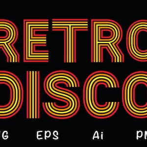 Retro Disco line Alphabet. Clipart font svg png files. Sublimation. Commercial use.