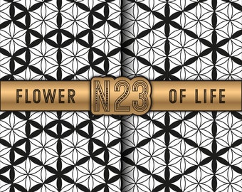 Könnte beinhalten: Schwarz-weißes geometrisches Muster mit einem goldenen Band, auf dem "FLOWER N23 OF LIFE" steht.