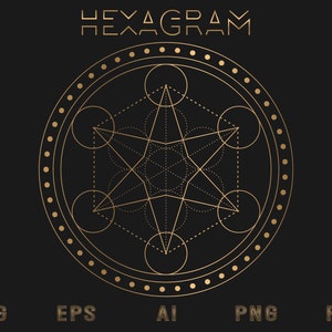 May include: A gold geometric hexagram design with a circle of dots around the outside. The design is on a black background.