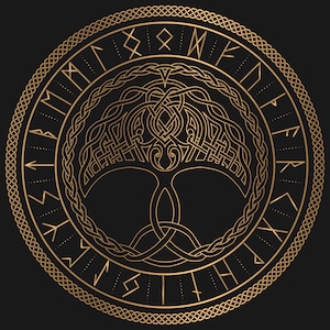Yggdrasil in a runic circle. Tree of life. Wall and print art. Celtic design. Sublimation.