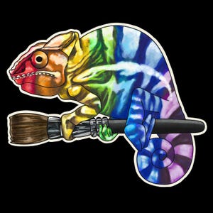 Pode incluir: Ilustração colorida de um camaleão com um pincel. O camaleão é retratado em tons vibrantes de vermelho, laranja, amarelo, verde e azul. O pincel tem uma cabeça marrom e um cabo preto, sobre um fundo preto.