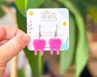 Tooth Dangle Earrings | Neon Pink | Dentist and Dental Hygienist Earrings | Acrylic Earrings | Dental School | Gift for Her | Mom Gift
