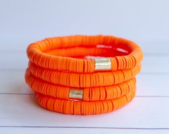 Orange Clay Disc Stretch Bracelet | 8mm | 1 Bracelet |Polymer Clay Disc Bracelet | Stacking Bracelet | Halloween Orange Bracelet