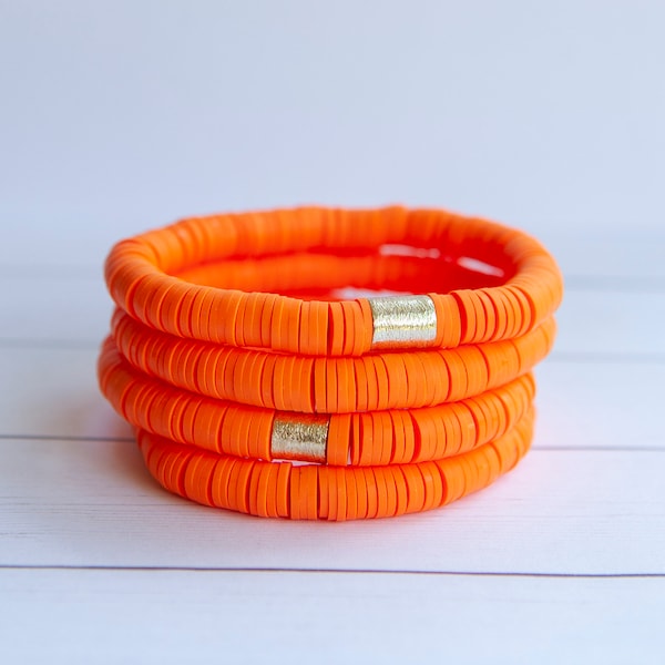 Orange Clay Disc Stretch Bracelet | 8mm | 1 Bracelet |Polymer Clay Disc Bracelet | Stacking Bracelet | Halloween Orange Bracelet