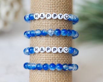 Blue Bracelet, 8mm Crackle Glass Beads, Custom Name Bracelet, Gift for Mom, Happy Stacking Bracelet, Royal Blue, Team Bracelet, Friendship