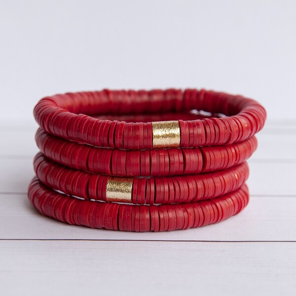 Dark Red Clay Disc Stretch Bracelet | 8mm | 1 Bracelet | Deep Red | Polymer Clay Disc Bracelet | Gift for Her | Stacking Bracelet