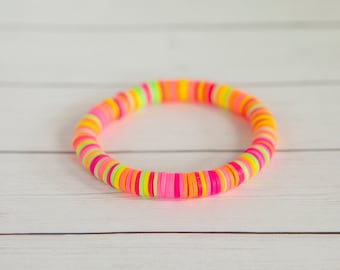90's Neon Rainbow Clay Disc Stretch Bracelet | 8mm | 1 Bracelet | Bright Neon Colors | Polymer Clay Disc Bracelet | Stackable Bracelet layer