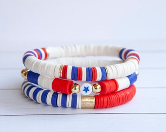 Red White and Blue Bracelet | 8mm | 1 or 3 Bracelets | Bracelet Stack | Clay Disc Bracelets | Patriotic America Jewelry | Gift for Her