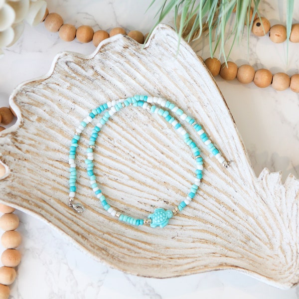 Aqua Waves | Seed Bead Necklace | Sea Turtle Necklace | Coconut Girl Vibes | Beach Necklace | Lightweight Jewelry | Gift for Beach Lover