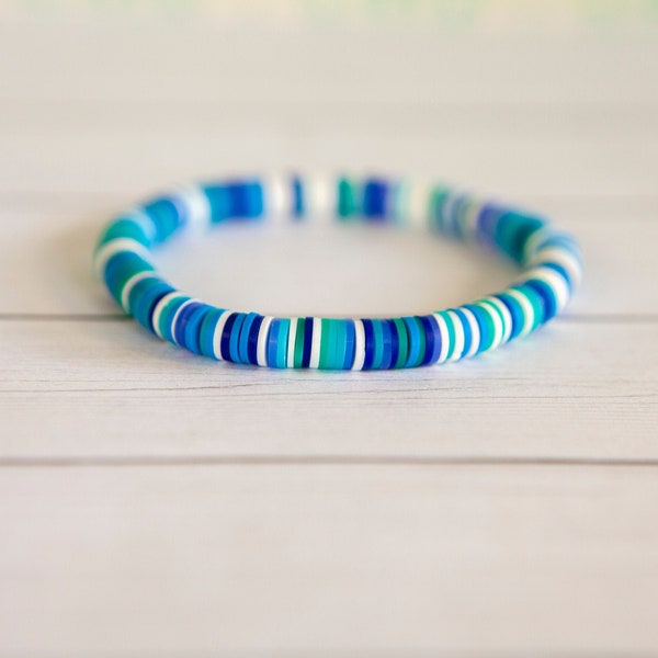 Blue and Green Rainbow Clay Disc Stretch Bracelet | 6mm | 1 Bracelet | Multi Blues | Polymer Clay Disc Bracelet | Stackable Bracelet