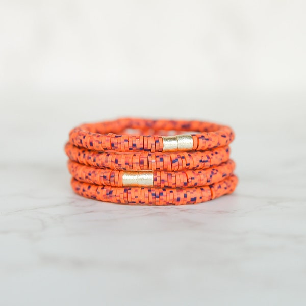 Orange and Navy Dot Stretch Bracelet | 6mm | 1 Bracelet | Team Jewelry | Heishi Disc Stackable Bracelet | Gift for Her | Name Bracelet
