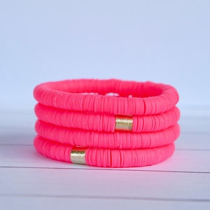 Neon Pink Clay Disc Stretch Bracelet | 8mm | 1 Bracelet | Polymer Clay Disc Bracelet | Stacking Bracelet | Summer Jewelry | VSCO girl