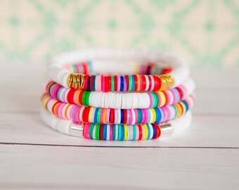 6mm Rainbow Clay Disc Stretch Bracelet | Rainbow Colors | Color Block | Polymer Clay Disc Bracelet | Stackable Bracelet | Bracelet Layering