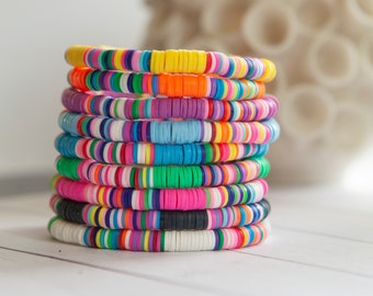 Rainbow Color Block Clay Disc Stretch Bracelet | 6mm | Choose Color | Polymer Clay Disc Bracelet | Stackable Bracelet | Bracelet Layering